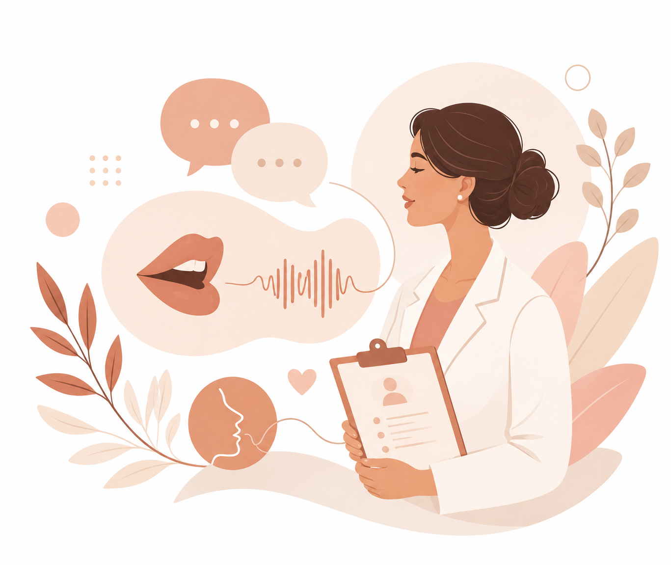 Ilustração acolhedora representando comunicação e cuidado fonoaudiológico